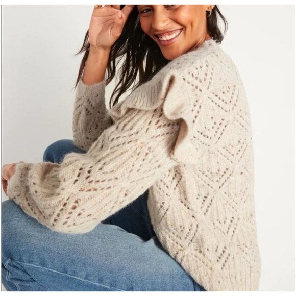 Old Navy Beige Ruffle Trim Pointelle Crew Neck Long Sleeve Cozy Knit Sweater L - Picture 2 of 10